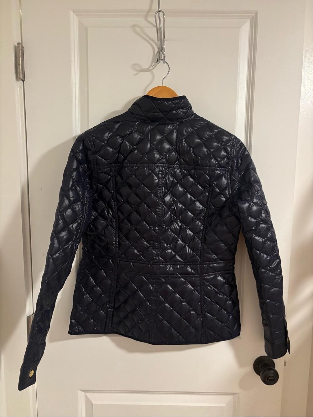 J. CREW Navy Blue Shiny Quilted Down Puffer Jacket Coat Size Small - Picture 10 of 11